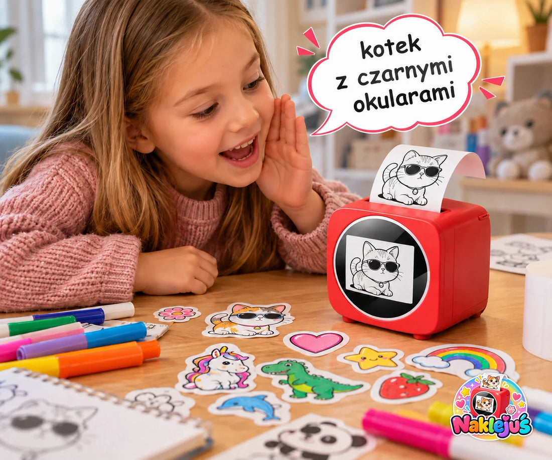 Dziewczynka mówi do drukarki naklejek