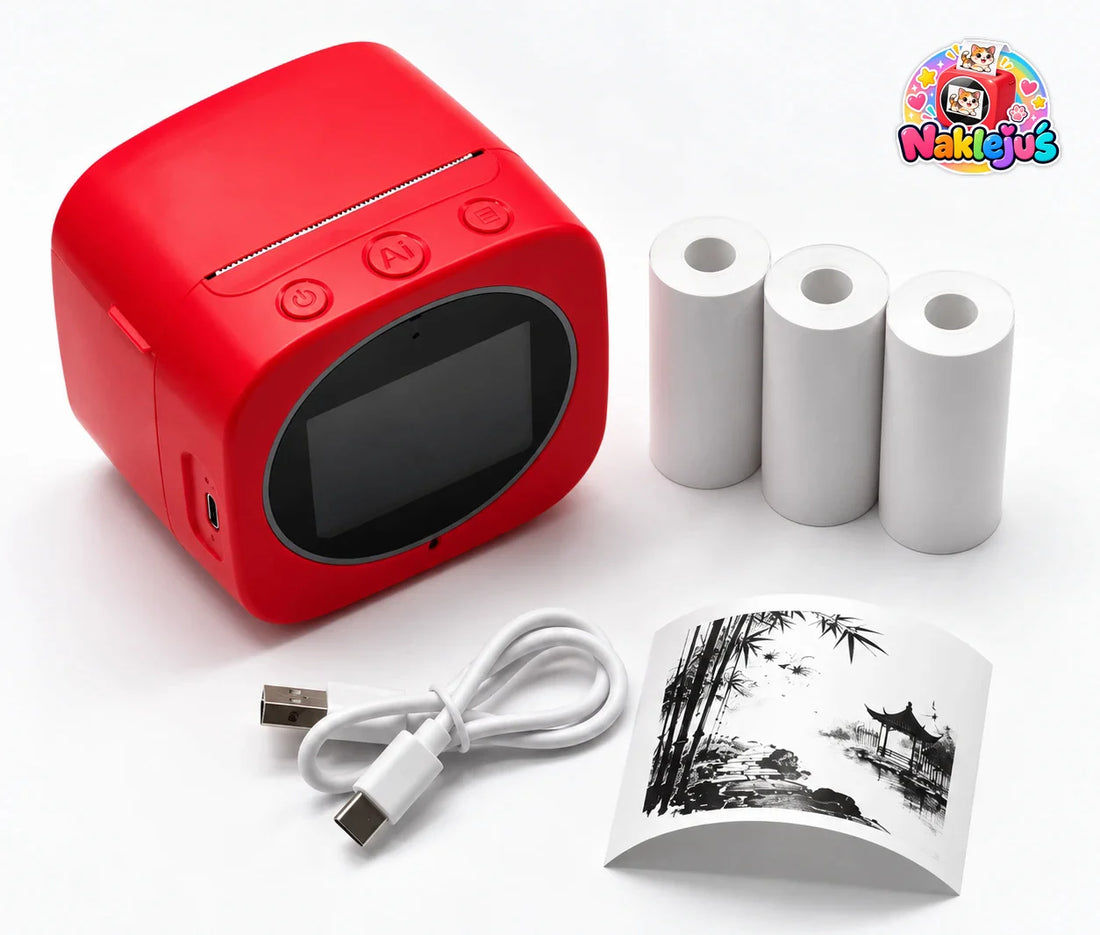 Zawartość paczki: drukarka, 3 rolki papieru, kabel USB-C