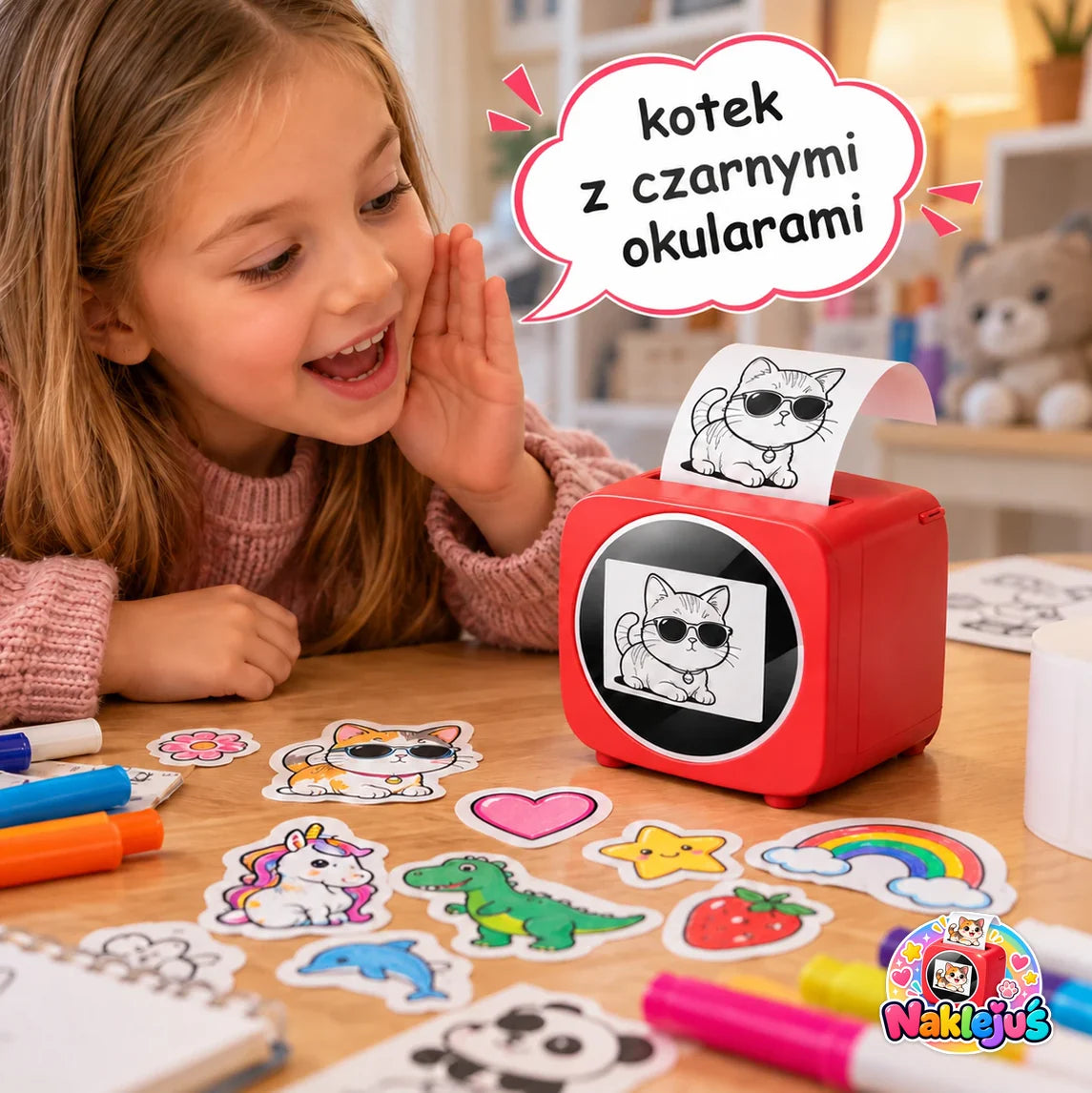 Dziewczynka mówi do drukarki „kotek z czarnymi okularami”, drukarka drukuje naklejkę